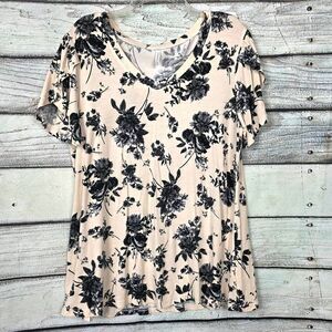 Cathy Black Floral V Neck Blouse Womens XL